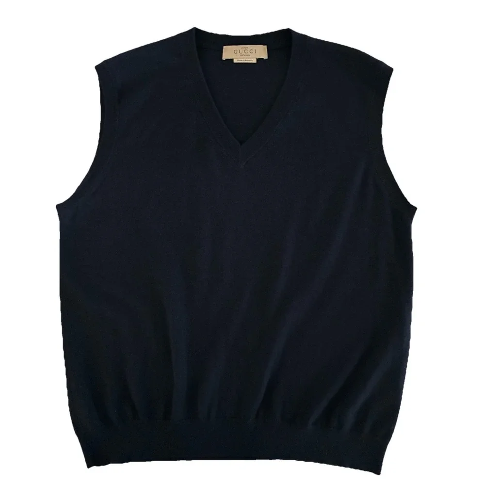 Gucci Sweater‎ Vest Men's XL Navy Wool Knit V Neck Uniform Pullover